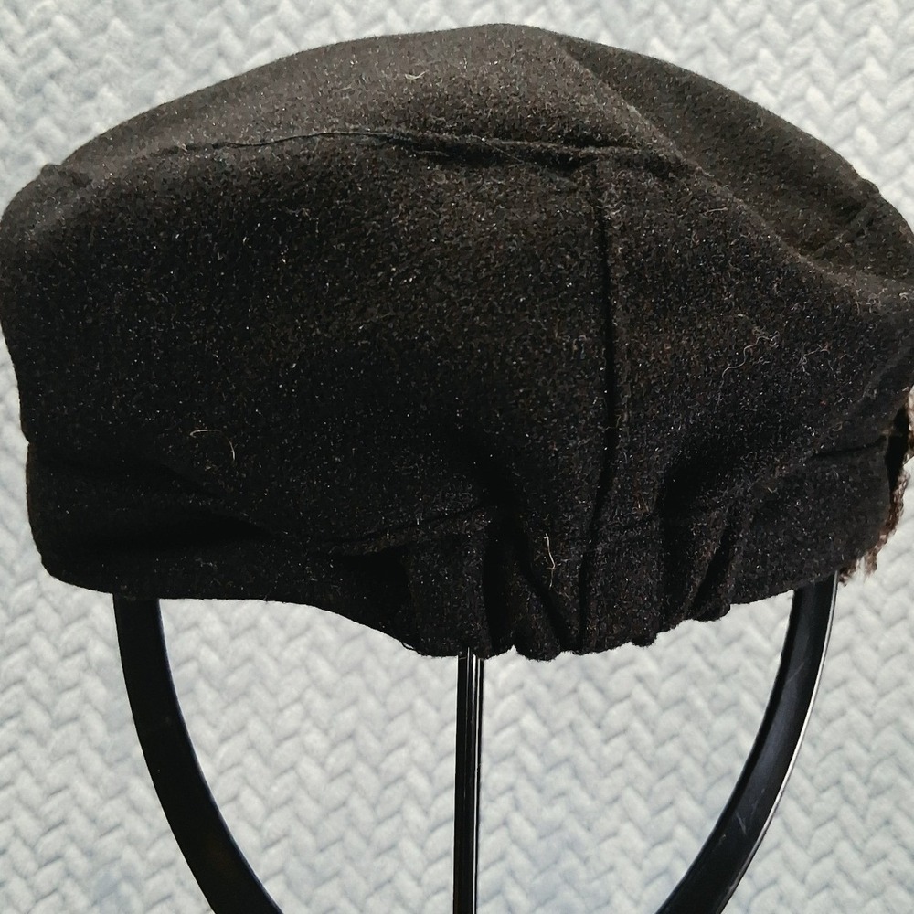Black Wool Cadet Cap Feather Bow Rhinestone Accent Vintage Style Newsboy Hat - Picture 4 of 7